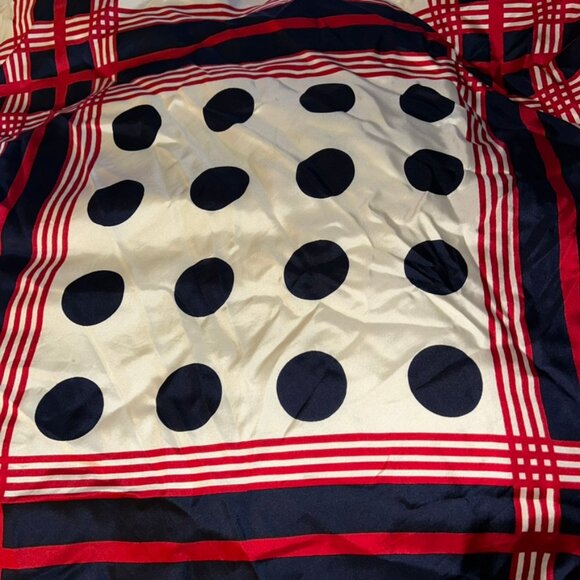 vintage RED WHITE AND BLUE large poka dot print silk hand rolled sewn scarf - Picture 3 of 5